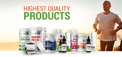 Two people jogging with dietary supplements advertisement. Livegood Products.