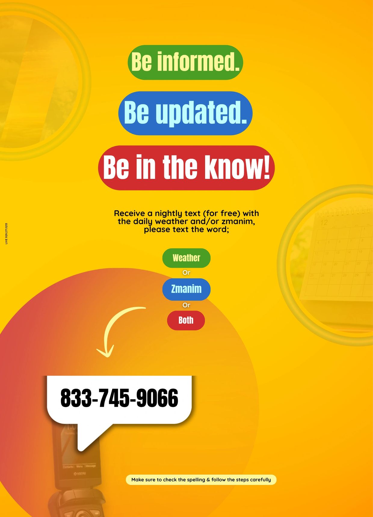 Bright yellow ad encouraging texting for free daily weather and zmanim updates.