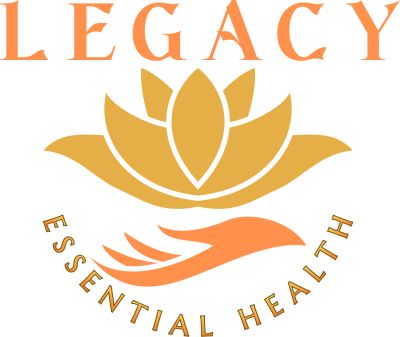 Logo for Legacy Essential Health with a lotus and hand design.