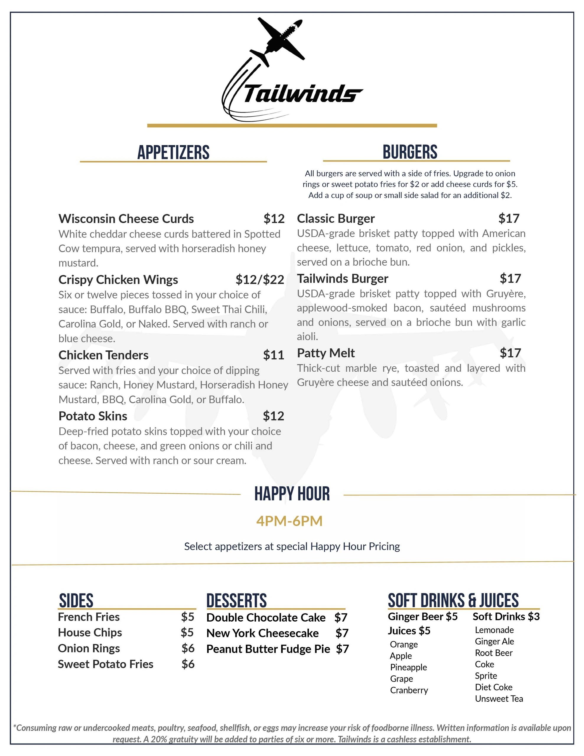 Dinner menu for Tailwinds at DoubleTree Madison East featuring American cuisine, steaks and seafood.