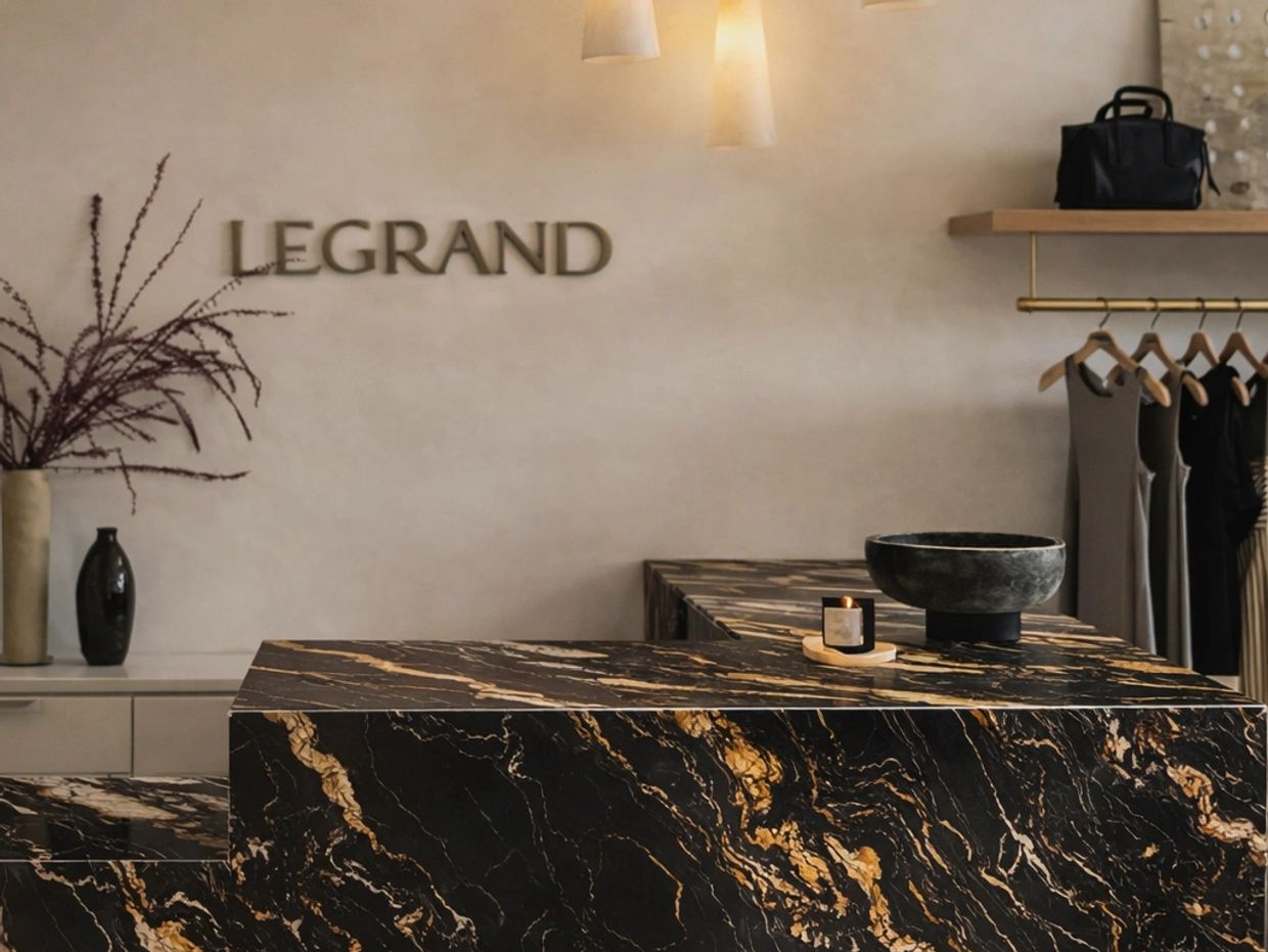 Elegant boutique interior with black marble counter and minimalistic decor.