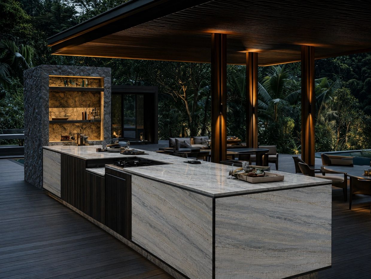 Luxurious outdoor kitchen with marble countertops and ambient lighting.