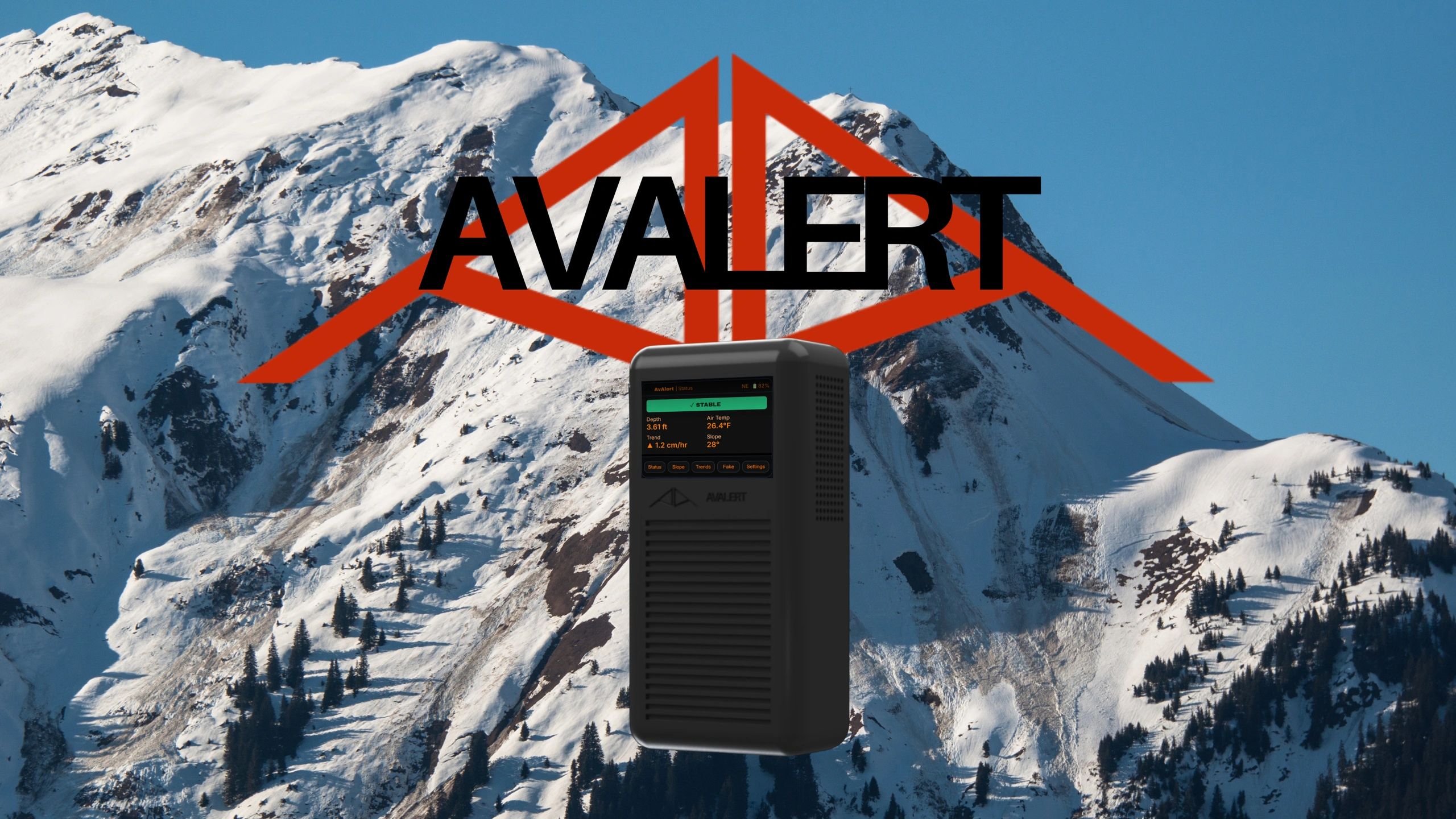 Avalanche warning device with mountain background and AvAlert logo.