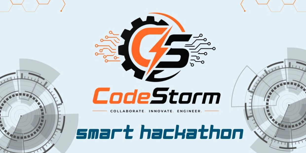 CodeStorm smart hackathon logo with tech graphics.