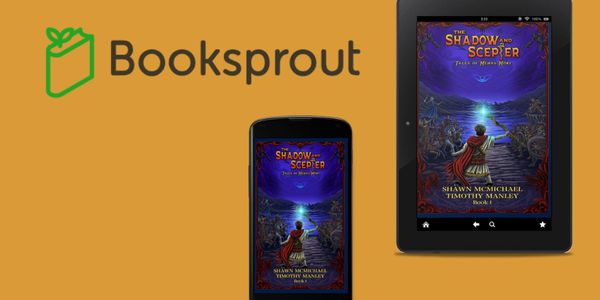 Booksprout app displaying the book 'The Shadow and the Scepter' on a phone and tablet.