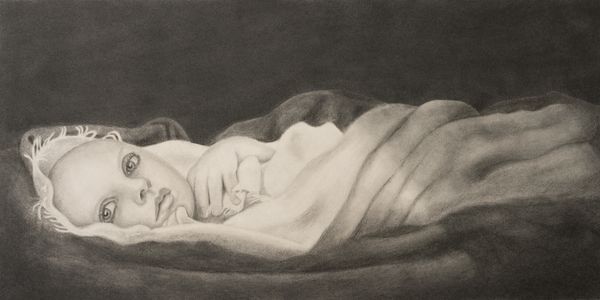 Monochrome drawing of a baby wrapped in a blanket.