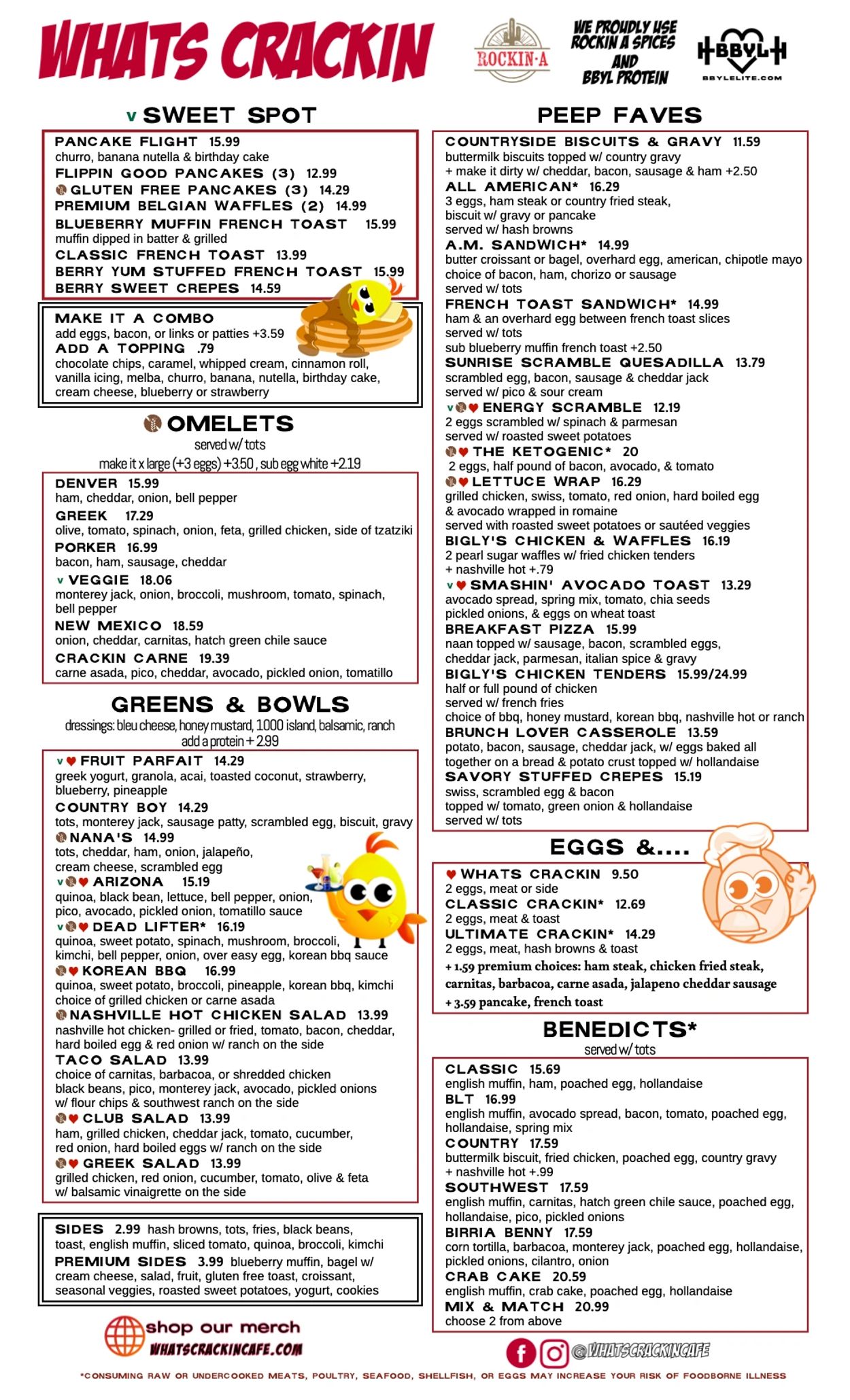 Breakfast menu featuring pancakes, omelets, biscuits, eggs, and benedicts with various toppings and combos.