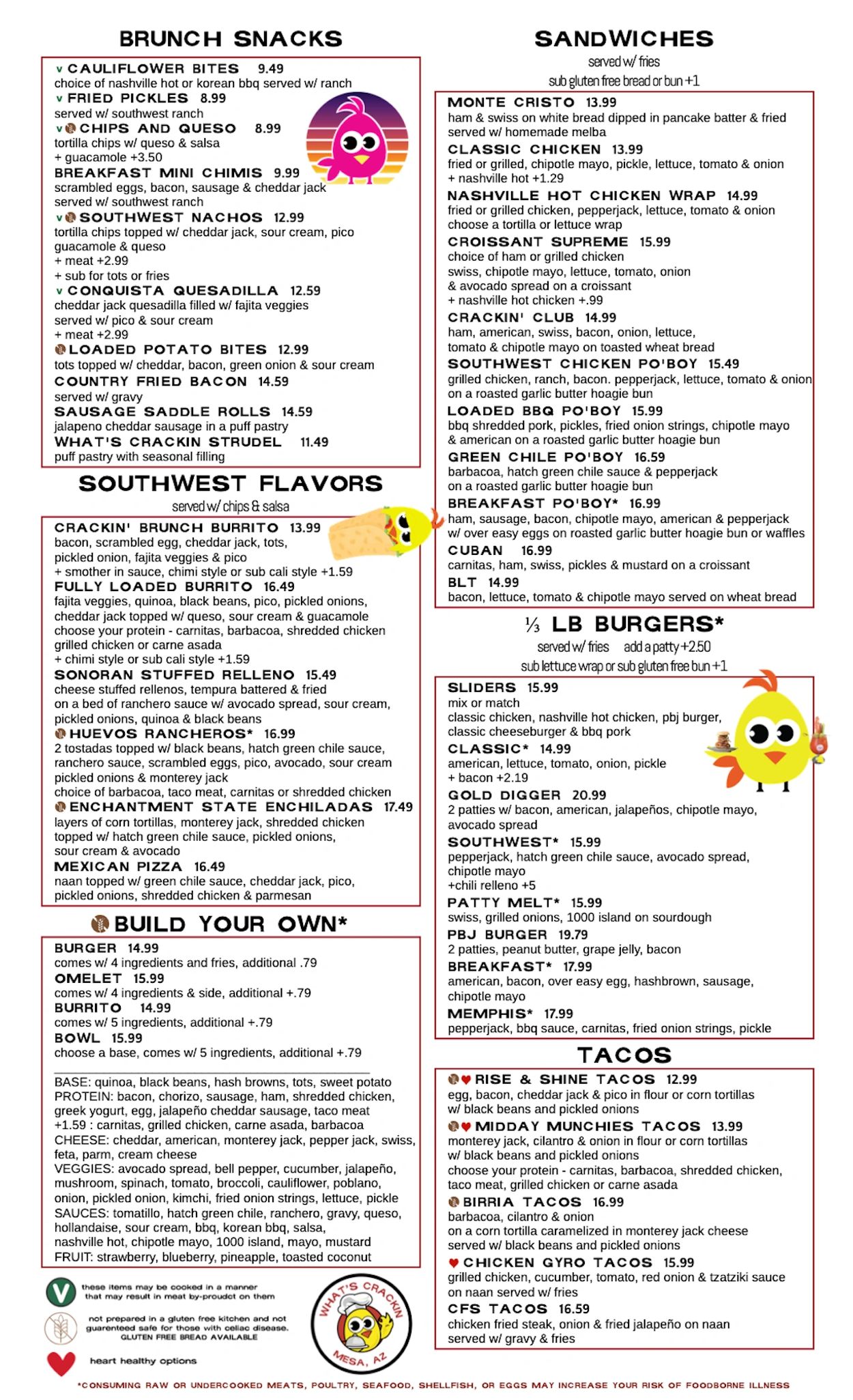 Colorful restaurant menu featuring brunch snacks, sandwiches, Southwest flavors, burgers, and tacos.