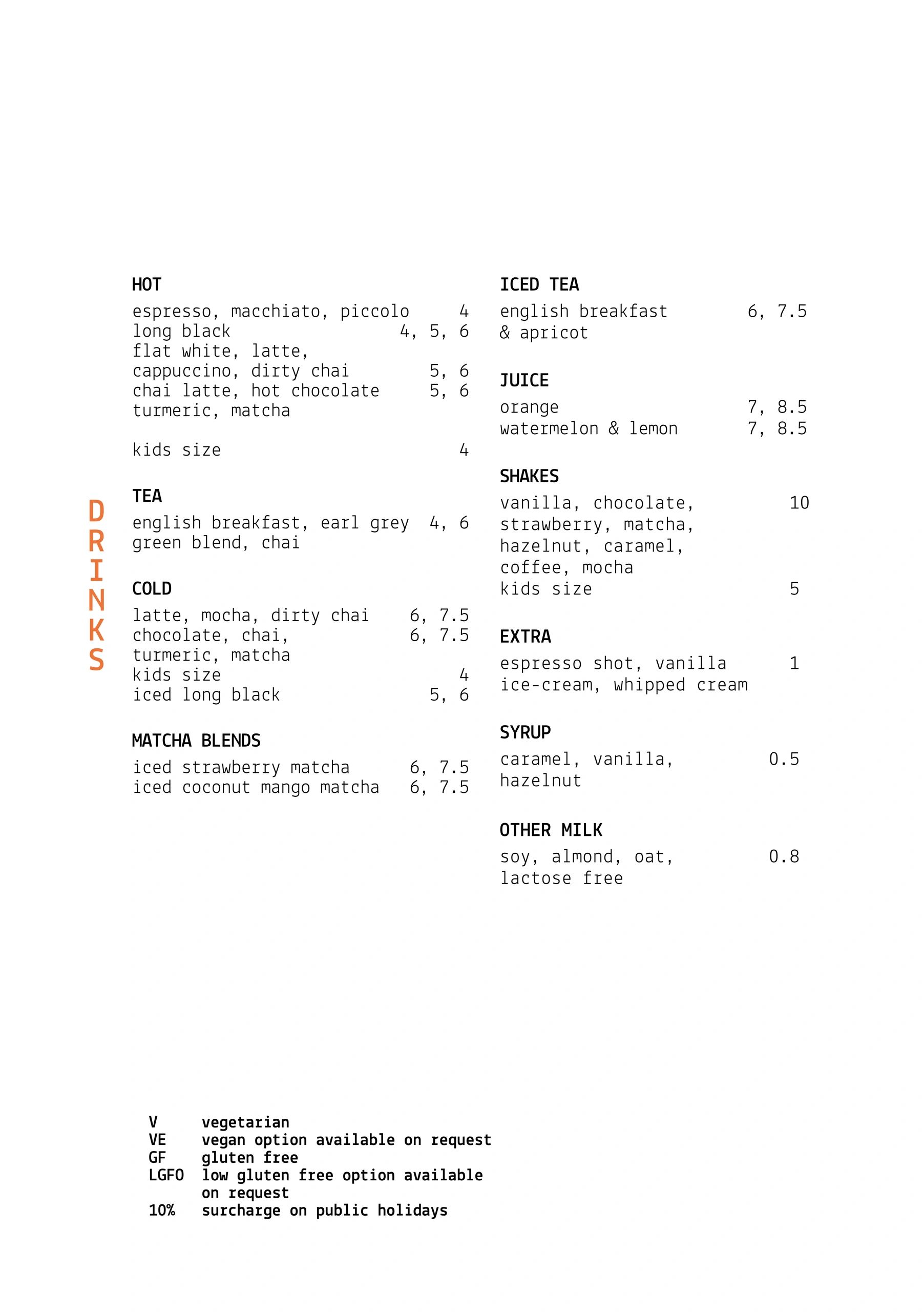 A detailed drinks menu featuring hot, cold, tea, juice, shakes, and extras with prices and dietary notes.