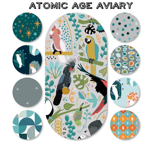 Tropical birds and parrots with coordinating fabric prints in a mid century modern style.