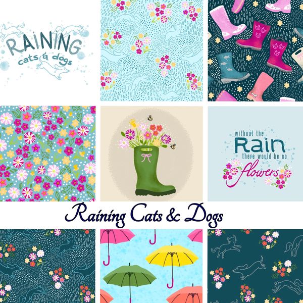 Raining cats and dogs collection sampler showing patterns featuring rain, umbrellas, cats, dogs, rai