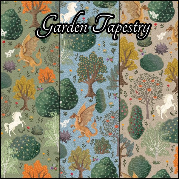 Medieval dragon and unicorn garden themed designs available for licensing and POD at Spoonflower.com