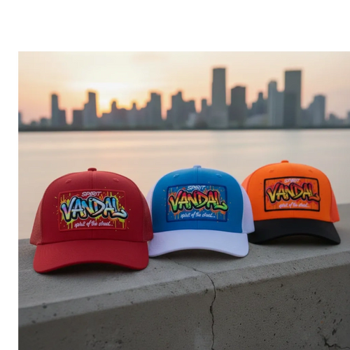 Three colorful 'Vandal' caps lined up with city skyline at sunset.