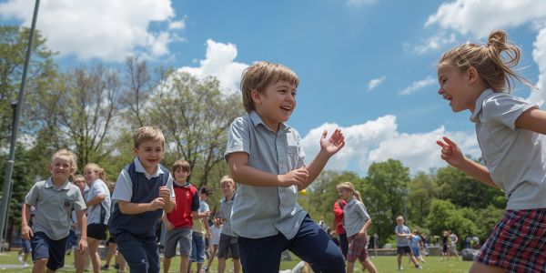 Children joyfully running and playing outside on a sunny day.
