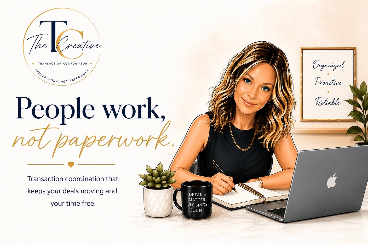 A woman working at a desk with a laptop, plant, and motivational text about transaction coordination.