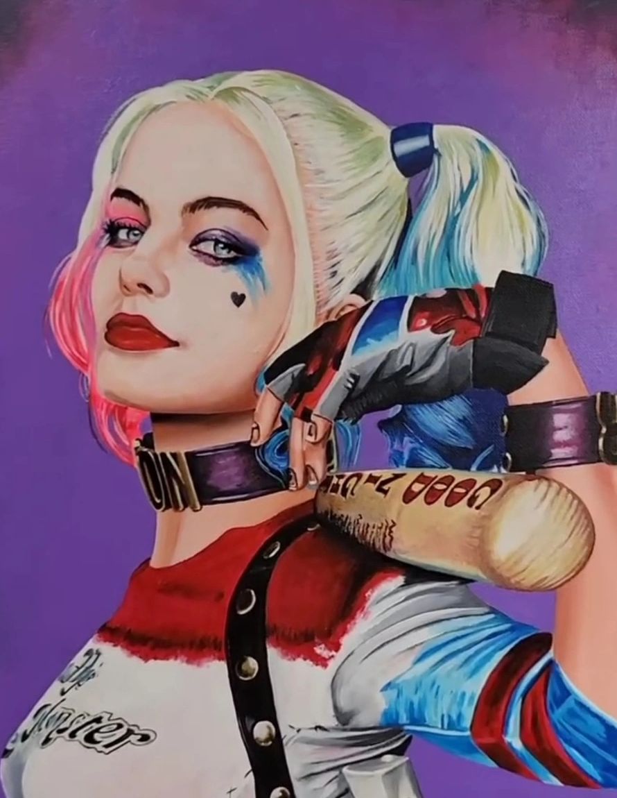 Illustration of Harley Quinn with a bat and colorful makeup.