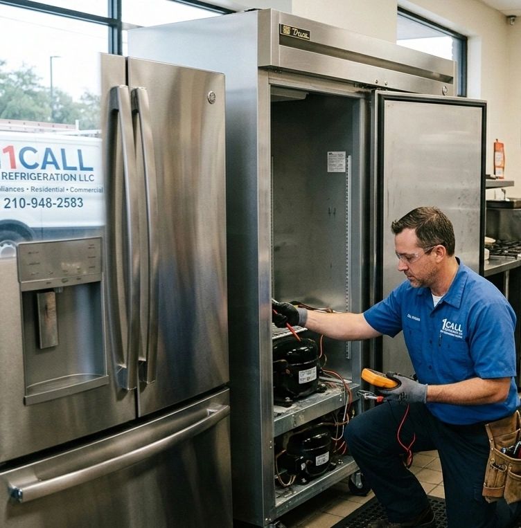 Technician repairing a large commercial refrigerator with tools.