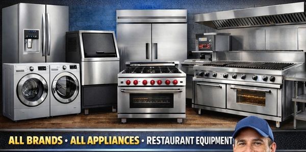 Appliance repair service for all brands and equipment, featuring a confident technician.