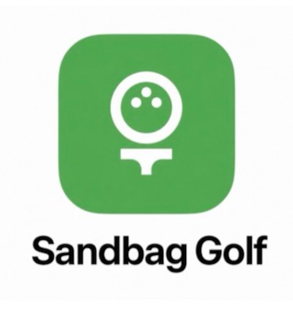 Sandbag Golf app logo with golf ball and tee on green background.