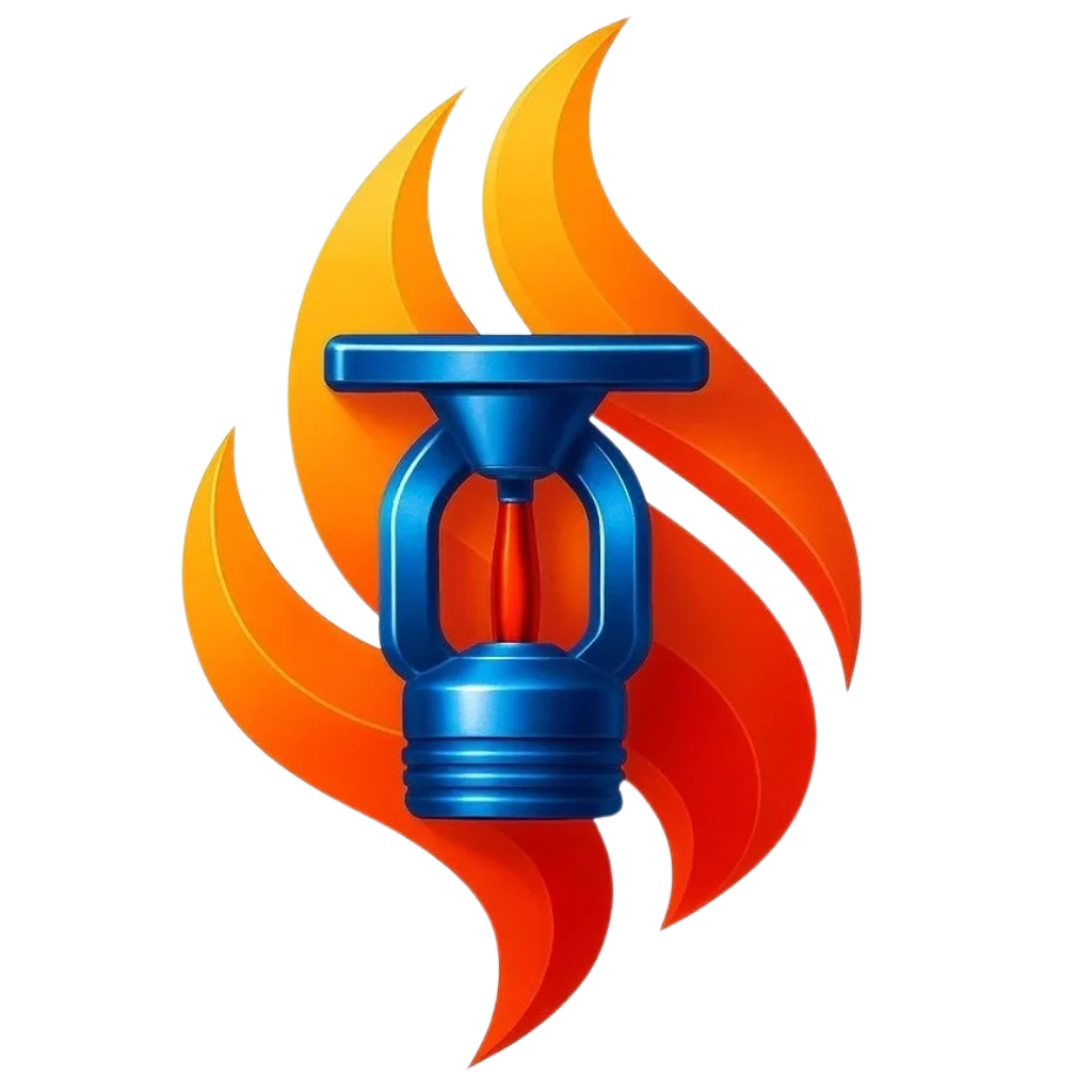 A blue fire sprinkler head against stylized orange flames.