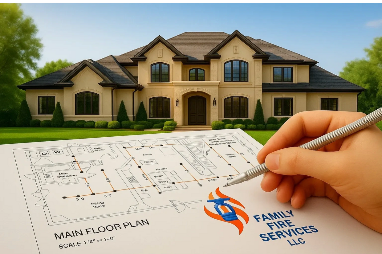 A hand holding a pen over a main floor plan with a house and Family Fire Services logo.