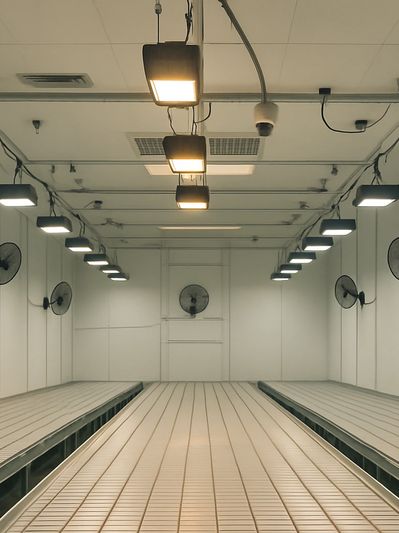 Modern indoor cannabis cultivation facility with rolling benches, LED grow lights, and HVAC system —