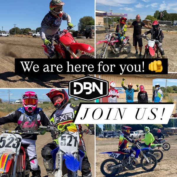 Motocross riders gather with bikes, inviting others to join their supportive community.