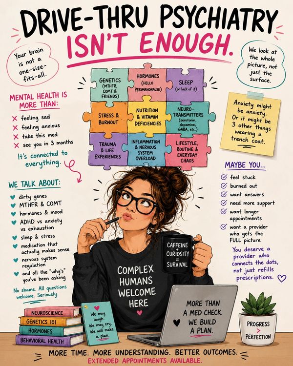 Illustration advocating comprehensive mental health care beyond quick fixes.
