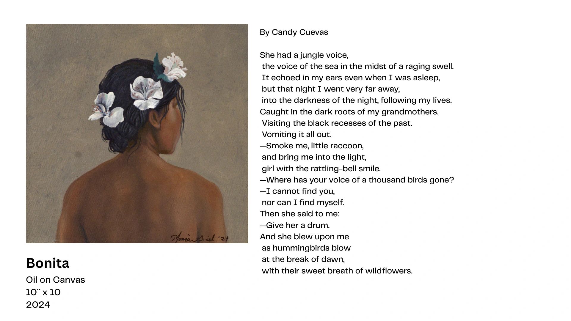 Portrait of a woman with flowers in her braided hair, back exposed, serene and thoughtful.