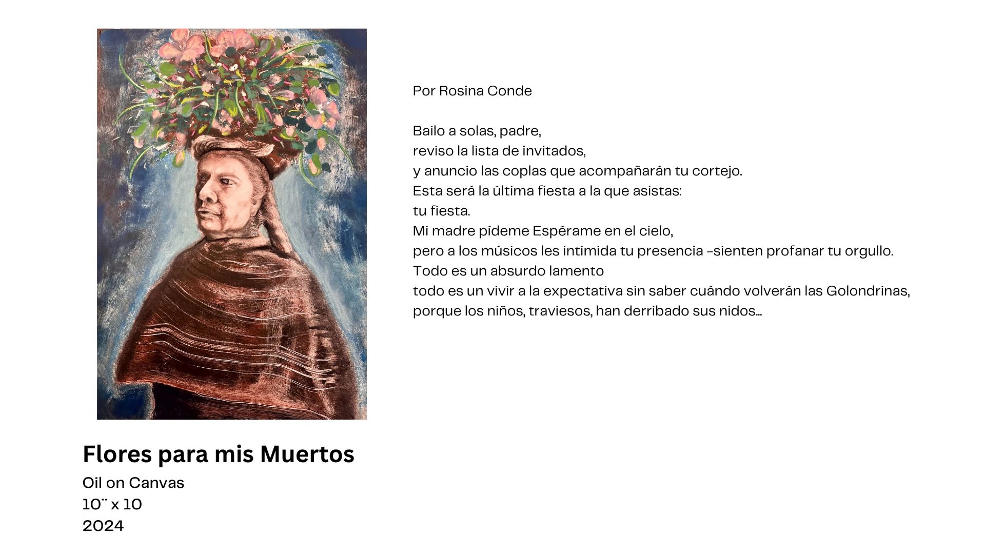 Retrato surrealista con flores y un poema sobre la memoria y el duelo.
