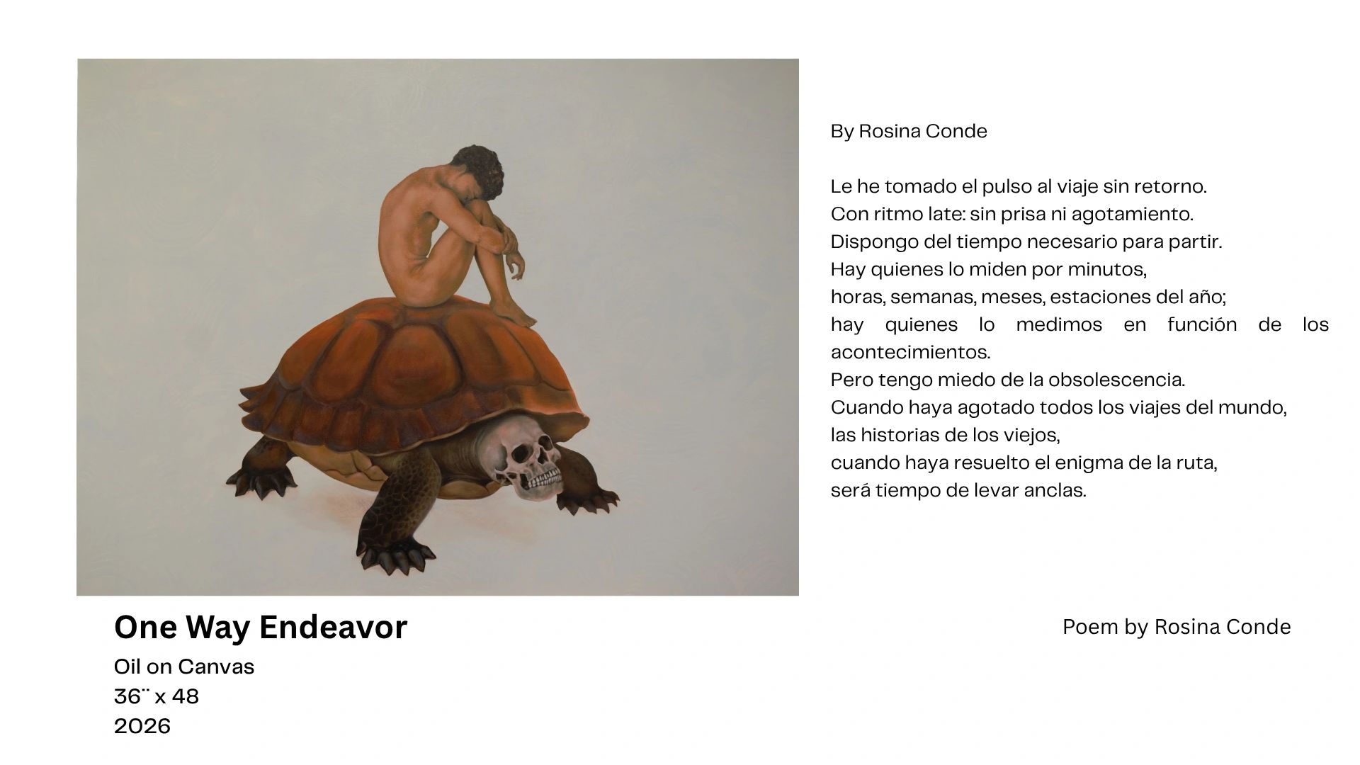 A nude person sits on a turtle with a skull head in a surreal artwork titled One Way Endeavor.