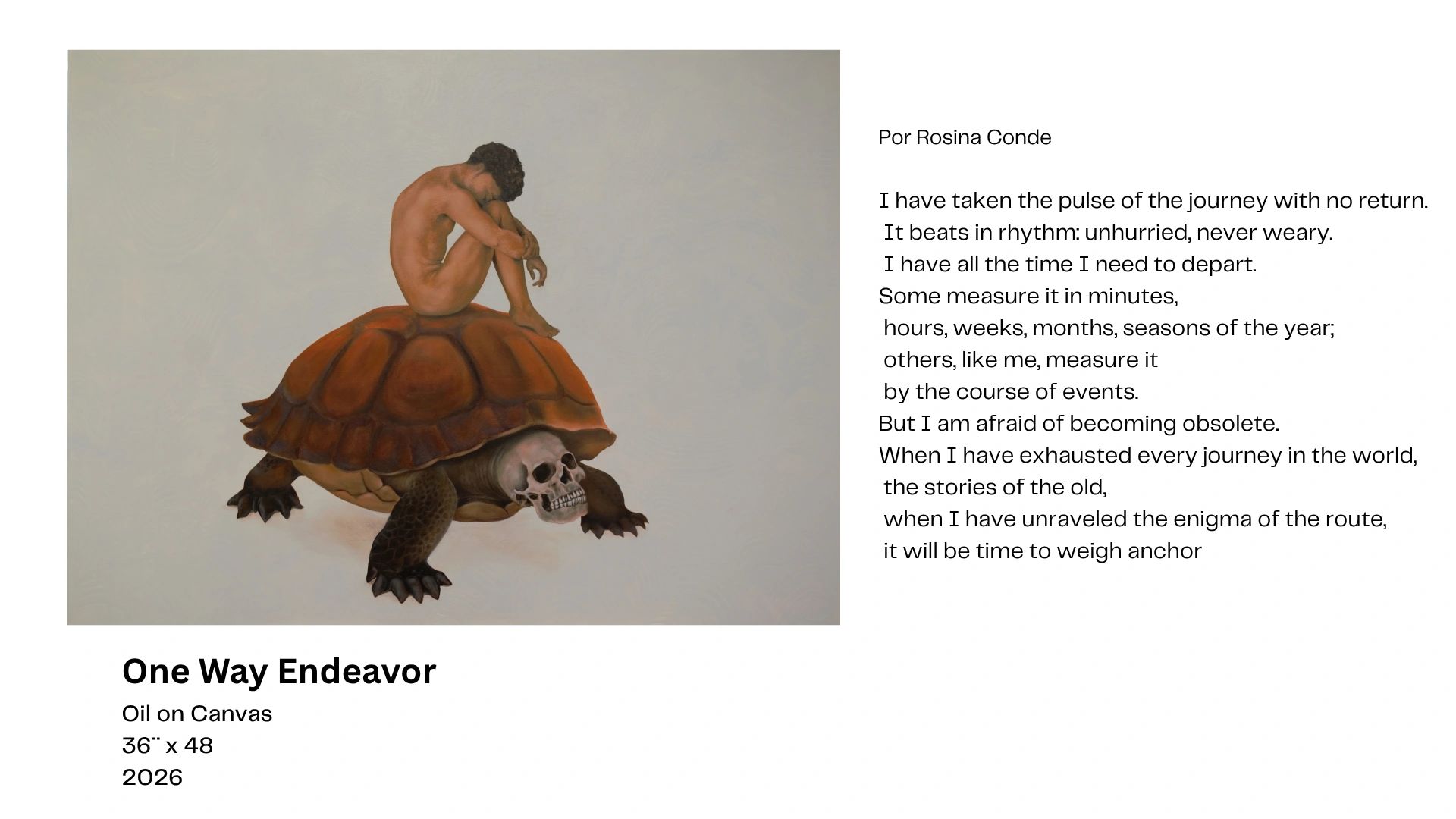 A person sits on a turtle with a skull face, symbolizing a journey and fear of obsolescence.