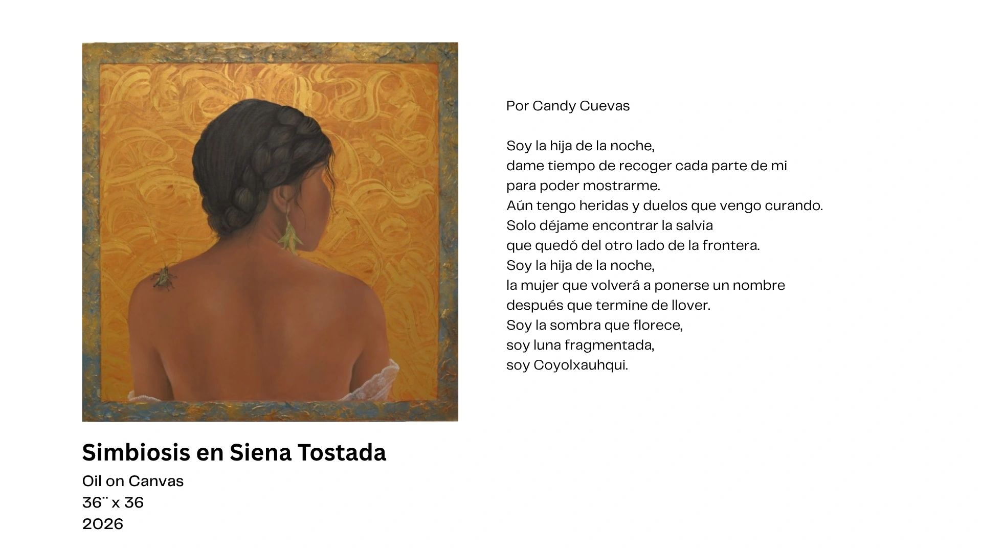 Retrato artístico de una mujer de espaldas con trenza, acompañado de un poema introspectivo.