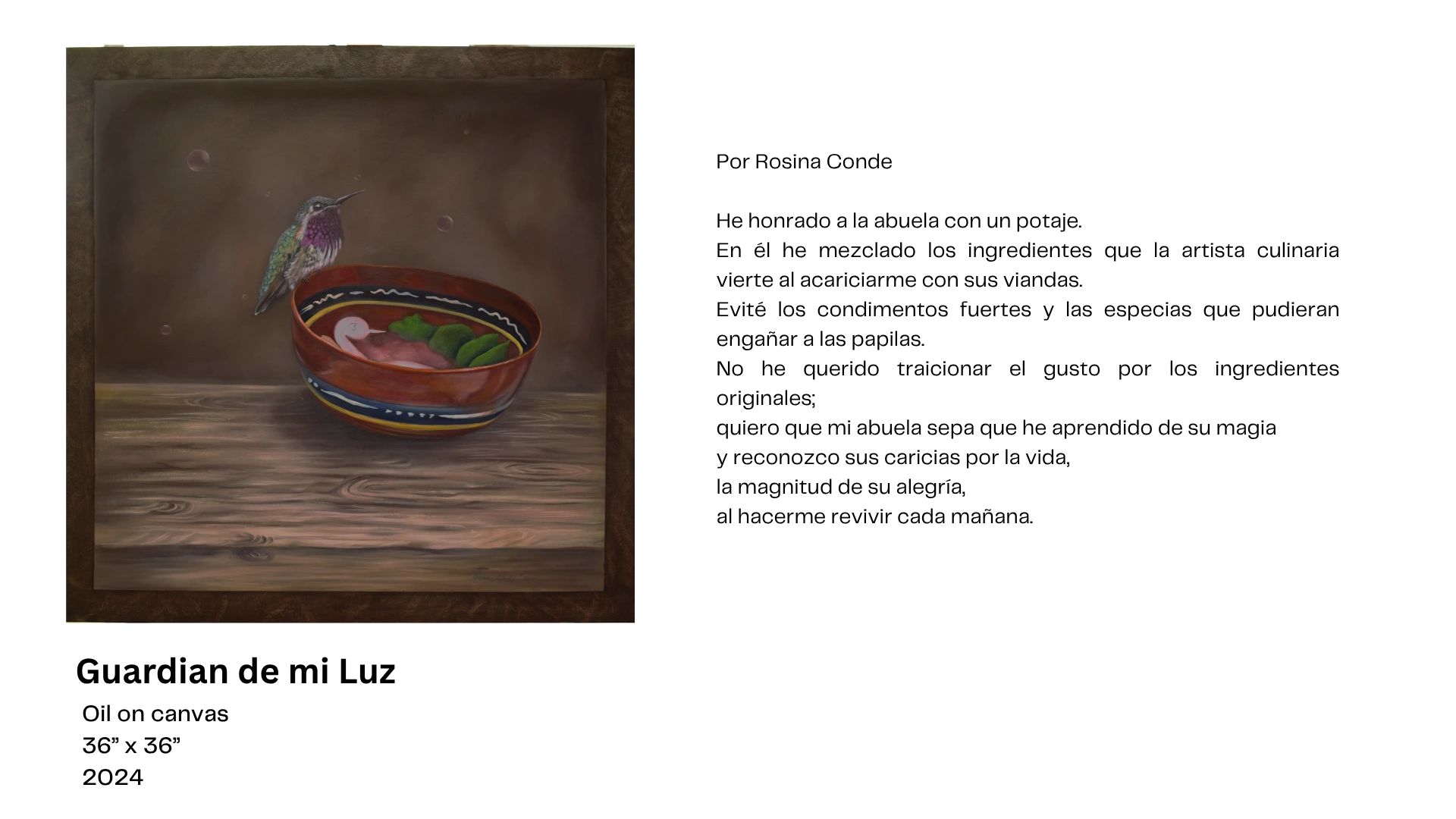 A hummingbird perches on a bowl with a poem honoring a grandmother.