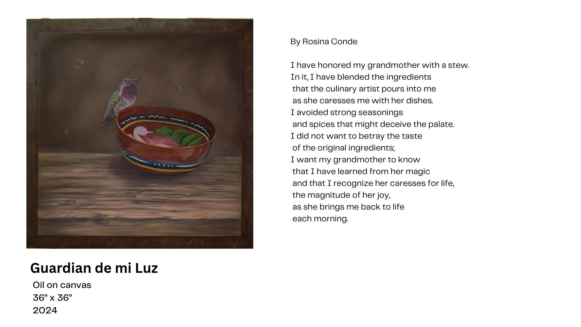 Painting of a hummingbird on a bowl, accompanied by a poem honoring a grandmother's love through cooking.