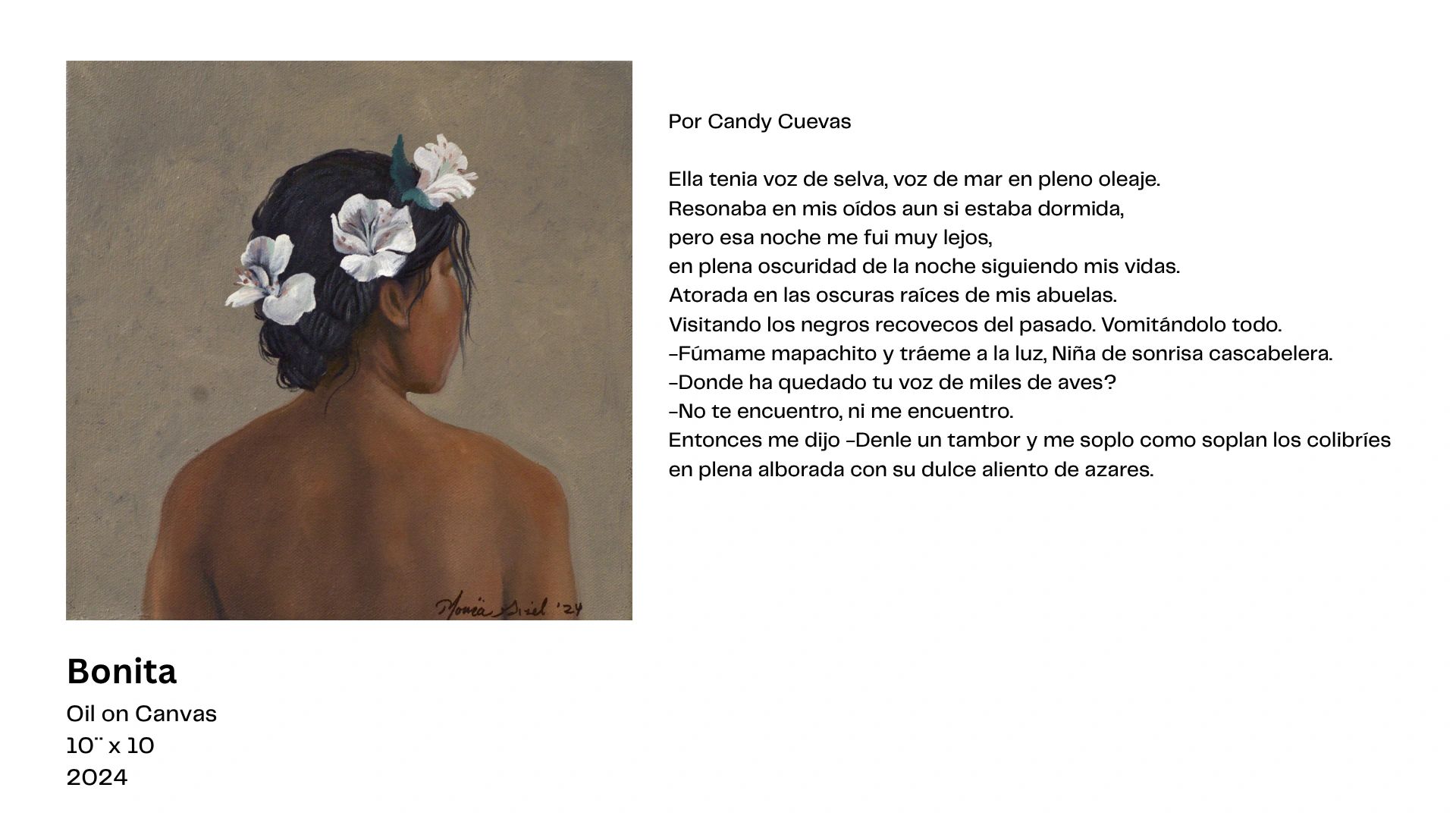 Portrait of a woman with white flowers in her hair, back turned to the viewer.