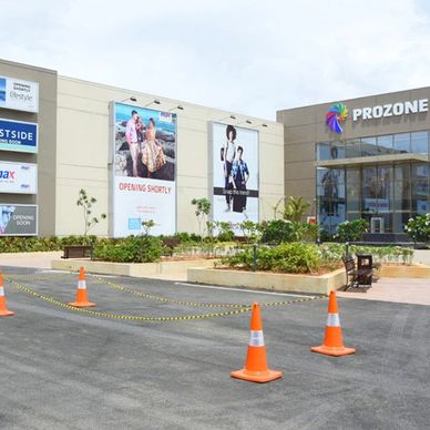 Outside view of Prozone mall with traffic cones.