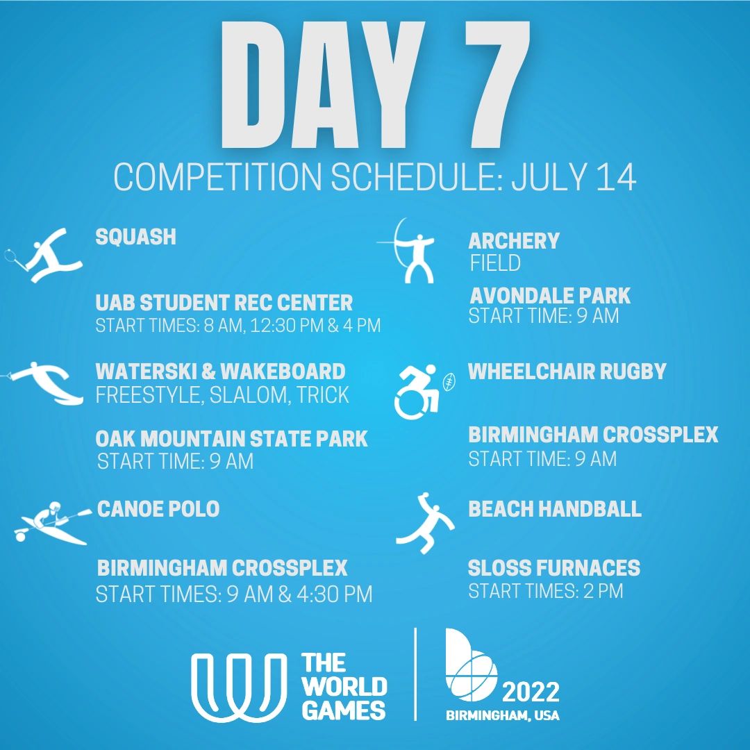 Day 7 Competition Schedule July 14th of The World Games 2022