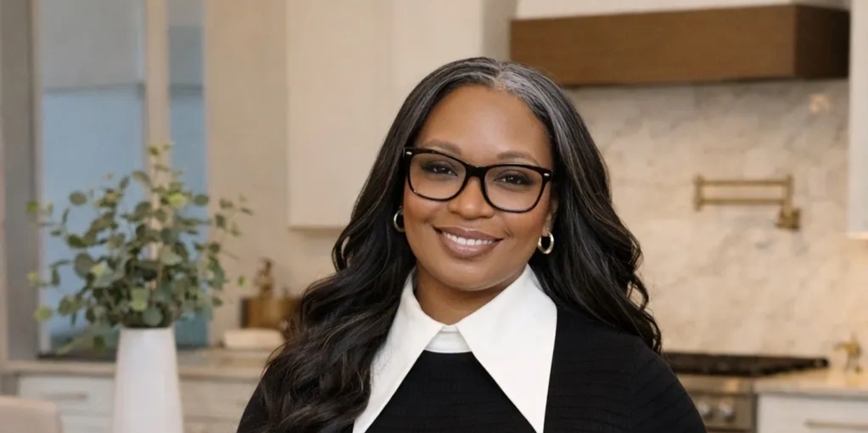 Smiling woman with glasses and gray-streaked hair in a modern kitchen.
