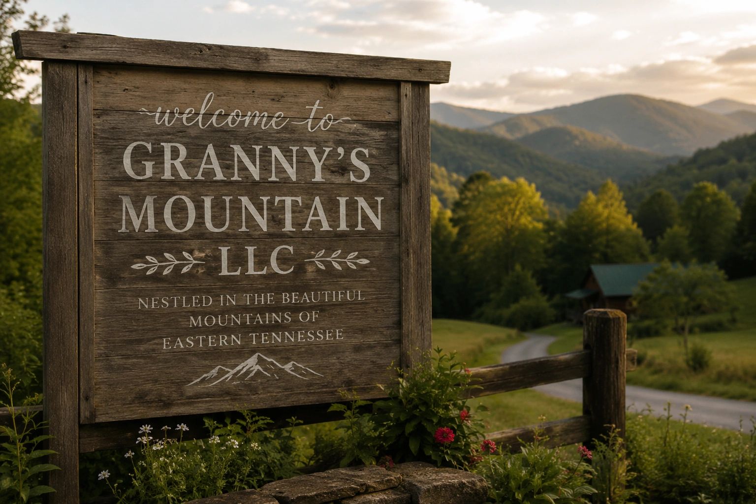 Wooden sign welcoming visitors to Granny Mountain in Eastern Tennessee.