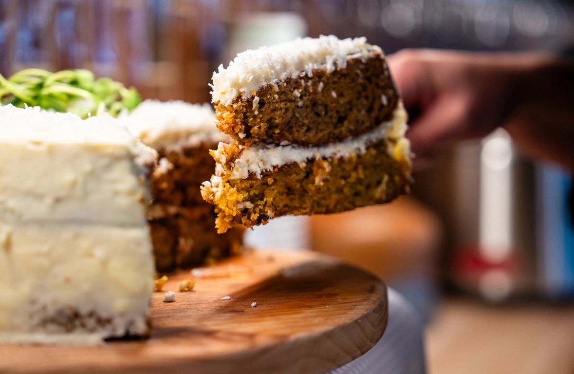 A slice of freshly baked carrot cake with cream cheese frosting at Lunch Counter Cafe Jackson Hole