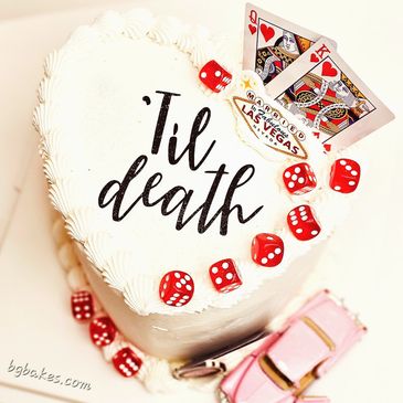 Heart-shaped Til Death cake. Deluxe with Cadillac & poker chips, Vegas cake
