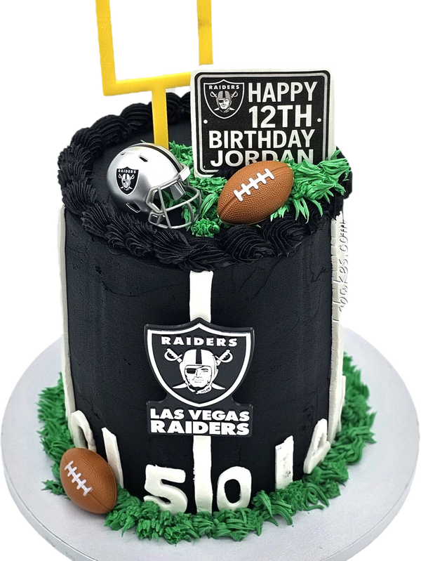 Las Vegas Raiders themed birthday cake with football decorations.