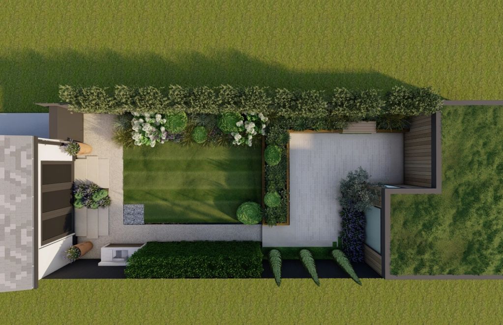 Top-down view of a modern backyard with lawn, patio, and greenery.