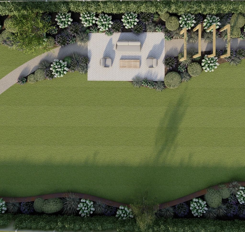 Top view of a landscaped garden with seating and greenery.