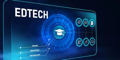 Futuristic digital interface illustrating EdTech with icons representing online education and technology.