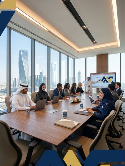 A diverse business meeting in a modern office with city views and presentation.