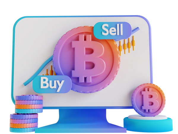 Bitcoin buy and sell graph with a monitor showing either a buy or sell button with bitcoin around it