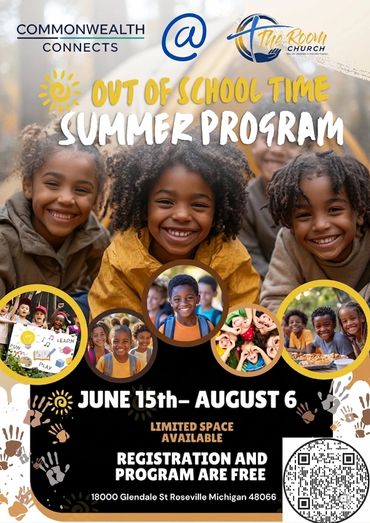 Smiling children promote Out of School Time summer program from June 15 to August 6.