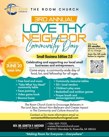 Flyer for The Room Church's 3rd Annual Love Thy Neighbor Community Day event.
